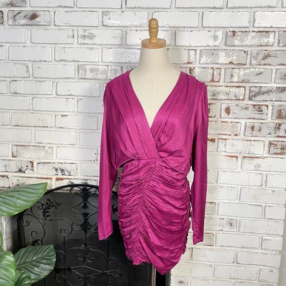 Zara Polka Dot Printed Satin Pink Fuchsia Plunge Cocktail Party Mini Dress M - Picture 1 of 15